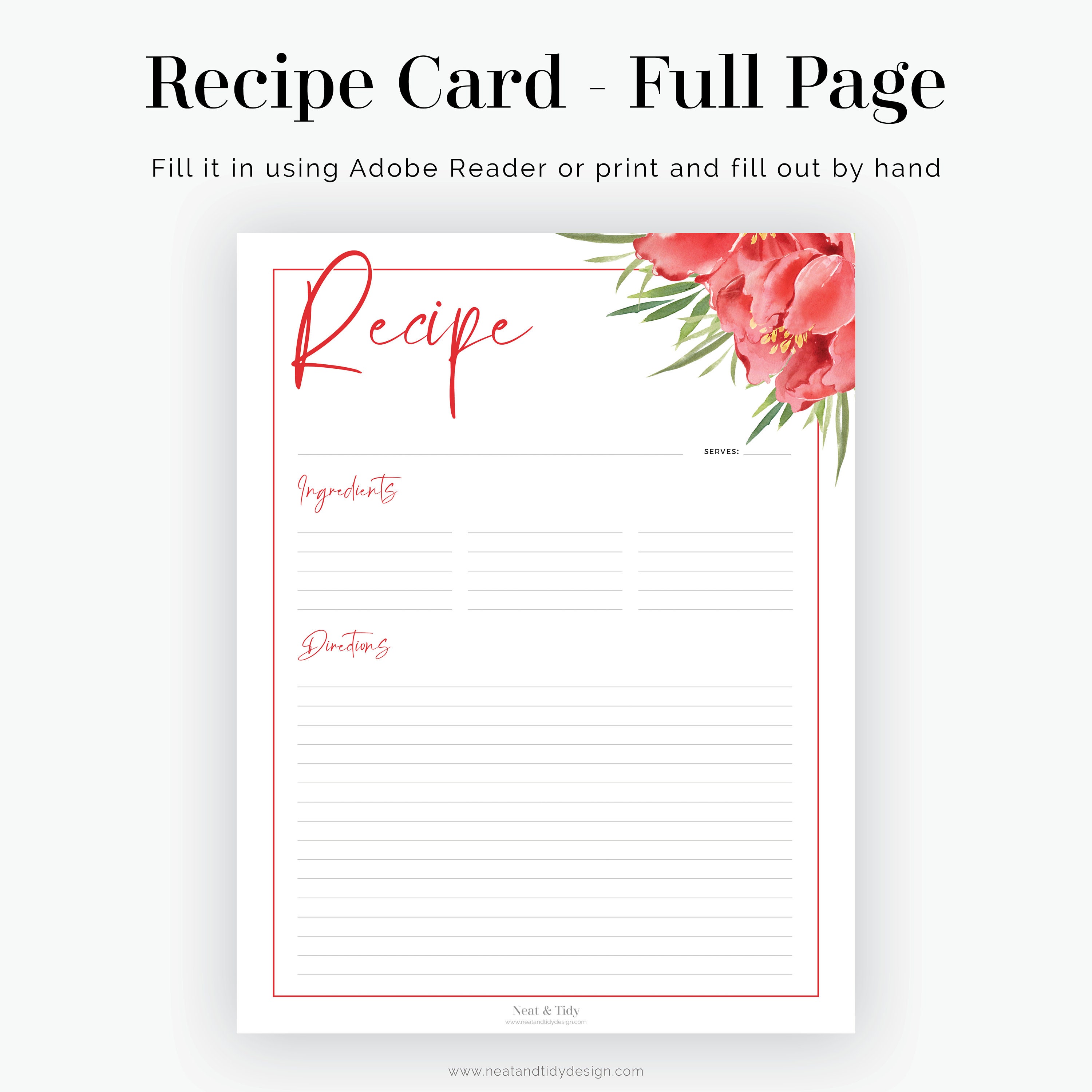 Floral Recipe Card Full Page Fillable Printable PDF - Etsy France
