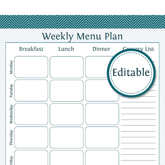 weekly menu planner with grocery list fillable printable etsy blank weekly menu planner