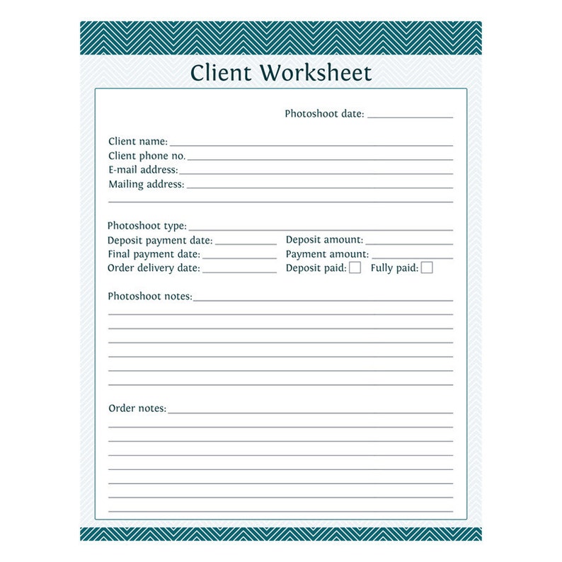 Client Worksheet Photography Business Organizing Chevron Fillable Printable PDF image 2