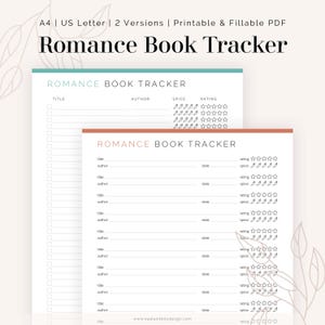 May include: Printable romance book tracker in two versions, A4 and US Letter sizes. The design features sections for title, author, spice level, and rating. The text "Romance Book Tracker" is at the top of the page.