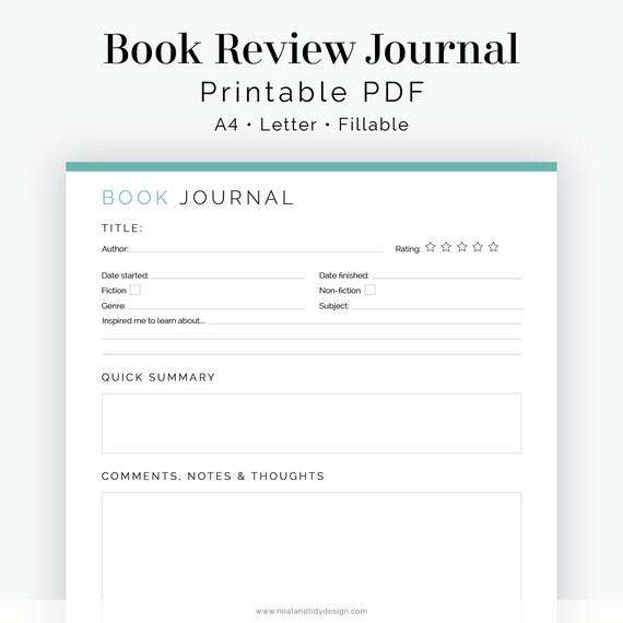 Book Review Journal, Book Log - Fillable - Printable PDF - Part of the Readers Kit for Book Lovers - Instant Download