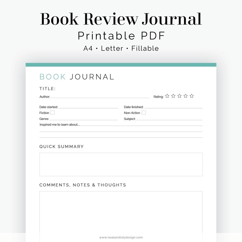 K&ouml;nnte beinhalten: Eine druckbare Buchrezensionsjournal-Vorlage im PDF-Format. Die Vorlage ist f&uuml;r Papier im Format A4 oder Letter konzipiert und ist ausf&uuml;llbar. Das Journal enth&auml;lt Abschnitte f&uuml;r den Buchtitel, den Autor, das Startdatum, das Enddatum, das Genre, das Thema, die Bewertung, eine kurze Zusammenfassung und Kommentare, Notizen und Gedanken.