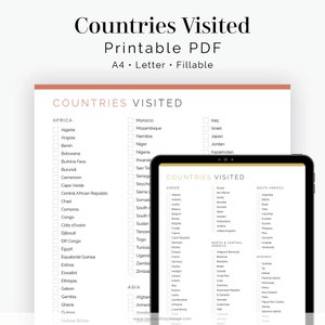 Lista de verificação de países visitados - Preenchível - Planejador de viagens, planejador de férias, planejador de viagens - PDF para impressão A4, carta - Download instantâneo