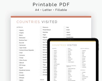 Countries Visited Checklist - Fillable - Travel Planner, Vacation Planner, Trip Planner - Printable PDF A4, Letter - Instant Download