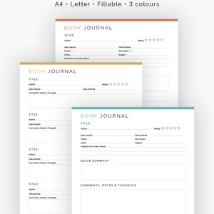 K&ouml;nnte beinhalten: Druckbare PDF-Vorlage f&uuml;r ein Buchrezensionsjournal in drei Farben: Pfirsich, Gold und T&uuml;rkis. Die Vorlage enth&auml;lt Abschnitte f&uuml;r Titel, Autor, Startdatum, Enddatum, Bewertung, Genre, Inspiration, Kurzzusammenfassung und Kommentare, Notizen und Gedanken.
