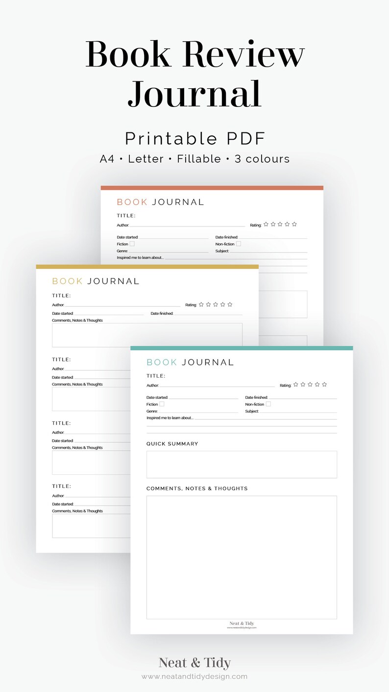 K&ouml;nnte beinhalten: Druckbare PDF-Vorlage f&uuml;r ein Buchrezensionsjournal in drei Farben: Pfirsich, Gold und T&uuml;rkis. Die Vorlage enth&auml;lt Abschnitte f&uuml;r Titel, Autor, Startdatum, Enddatum, Bewertung, Genre, Inspiration, Kurzzusammenfassung und Kommentare, Notizen und Gedanken.