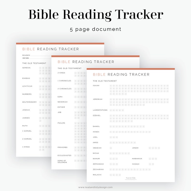 Puede incluir: Un rastreador de lectura de la Biblia imprimible con fondo blanco y texto marr&oacute;n. El rastreador est&aacute; dividido en secciones para cada libro del Antiguo Testamento. Cada secci&oacute;n tiene una cuadr&iacute;cula de cuadrados para marcar los d&iacute;as de lectura.
