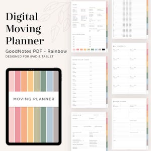 May include: A digital moving planner displayed on a tablet, featuring a rainbow color scheme. The tablet shows the words "Moving Planner" and is surrounded by pages with organizational lists and forms. The text "Digital Moving Planner" is at the top.