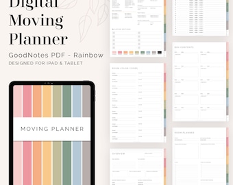 May include: A digital moving planner displayed on a tablet, featuring a rainbow color scheme. The tablet shows the words "Moving Planner" and is surrounded by pages with organizational lists and forms. The text "Digital Moving Planner" is at the top.
