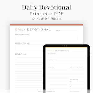 Op de afbeelding: Printbare dagelijkse devotie-journaaltemplate in PDF-formaat. De sjabloon bevat secties voor dagelijkse schrift, vers van de dag, reflecties, hoe toe te passen op je leven, dagelijkse dankbaarheid en gebeden die beantwoord zijn.