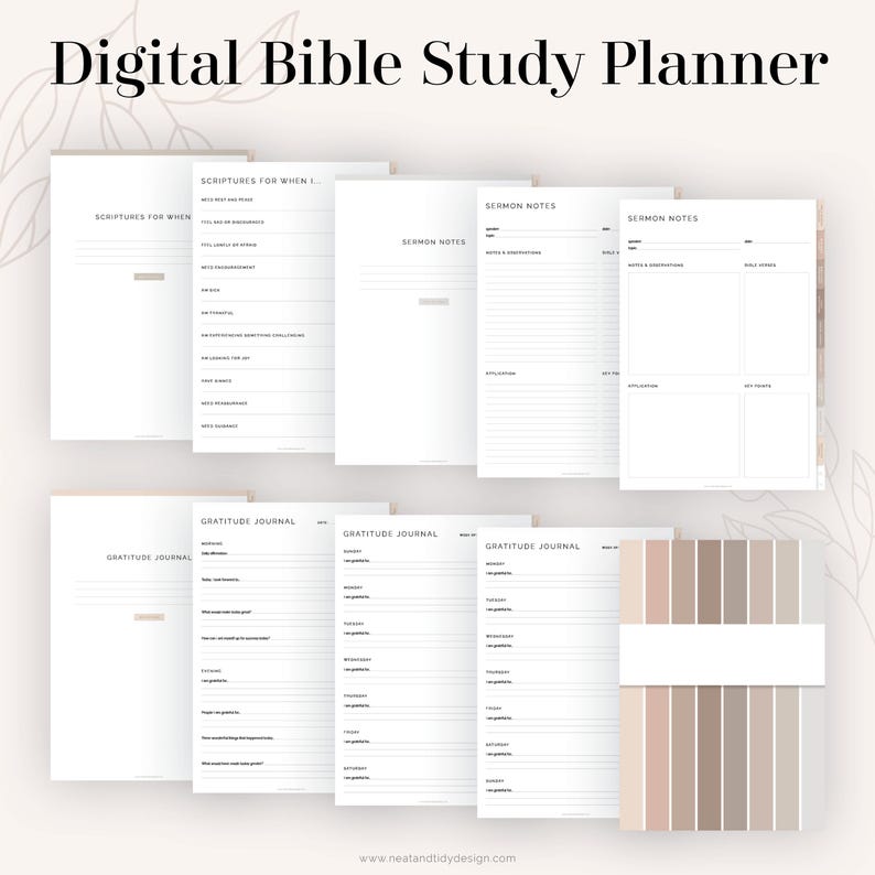K&ouml;nnte beinhalten: Digitaler Bibelstudienplaner mit Abschnitten f&uuml;r Schriftstellen, Predigtnotizen und ein Dankbarkeitsjournal. Der Planer hat ein minimalistisches Design mit hellgrauem Hintergrund und schwarzem Text.