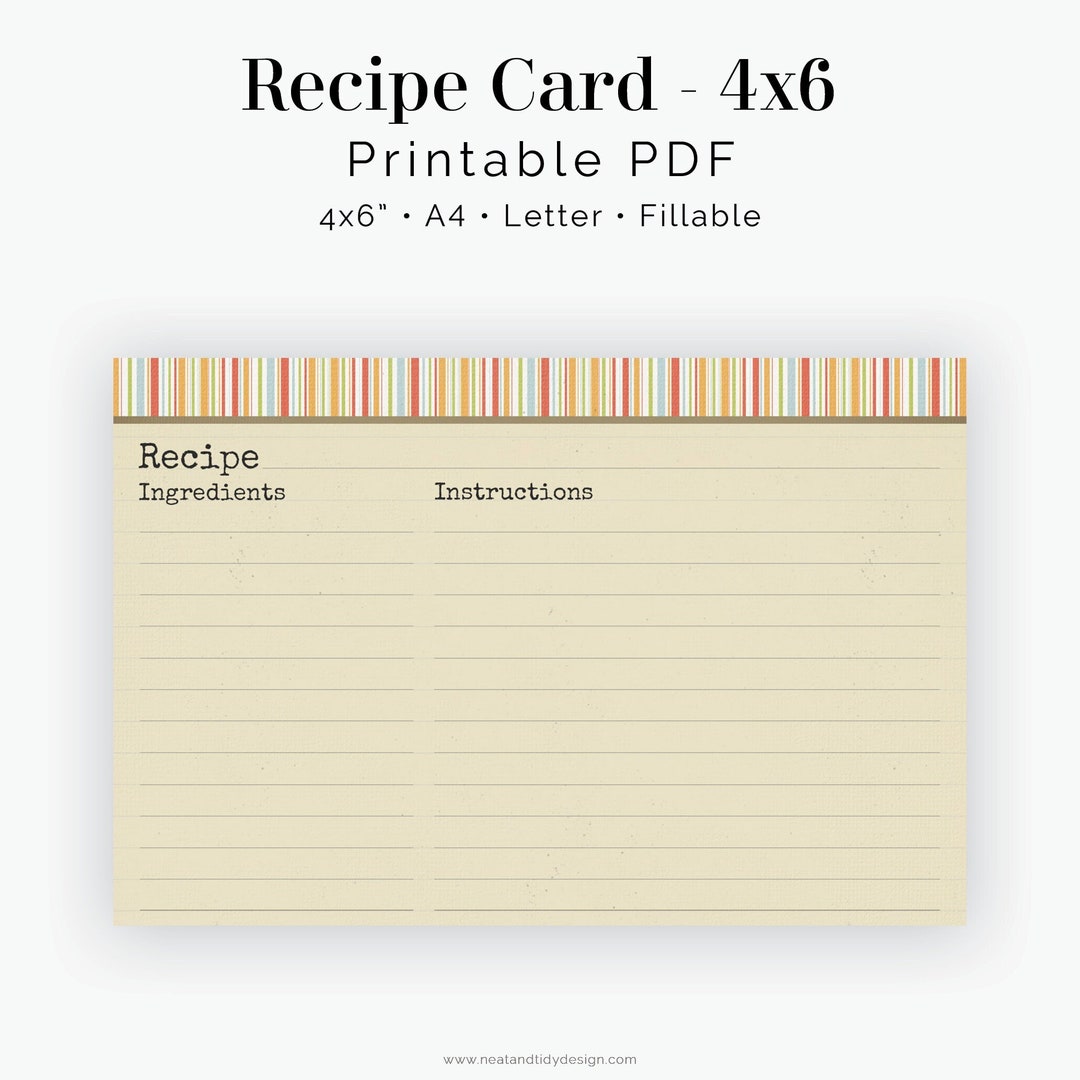 Recipe Card 4x6 Inches &amp; Full Page - Fillable - Printable Retro Recipe ...