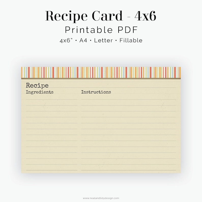 Recipe Card 4x6 Inches &amp; Full Page Fillable Printable Retro Recipe Card ...