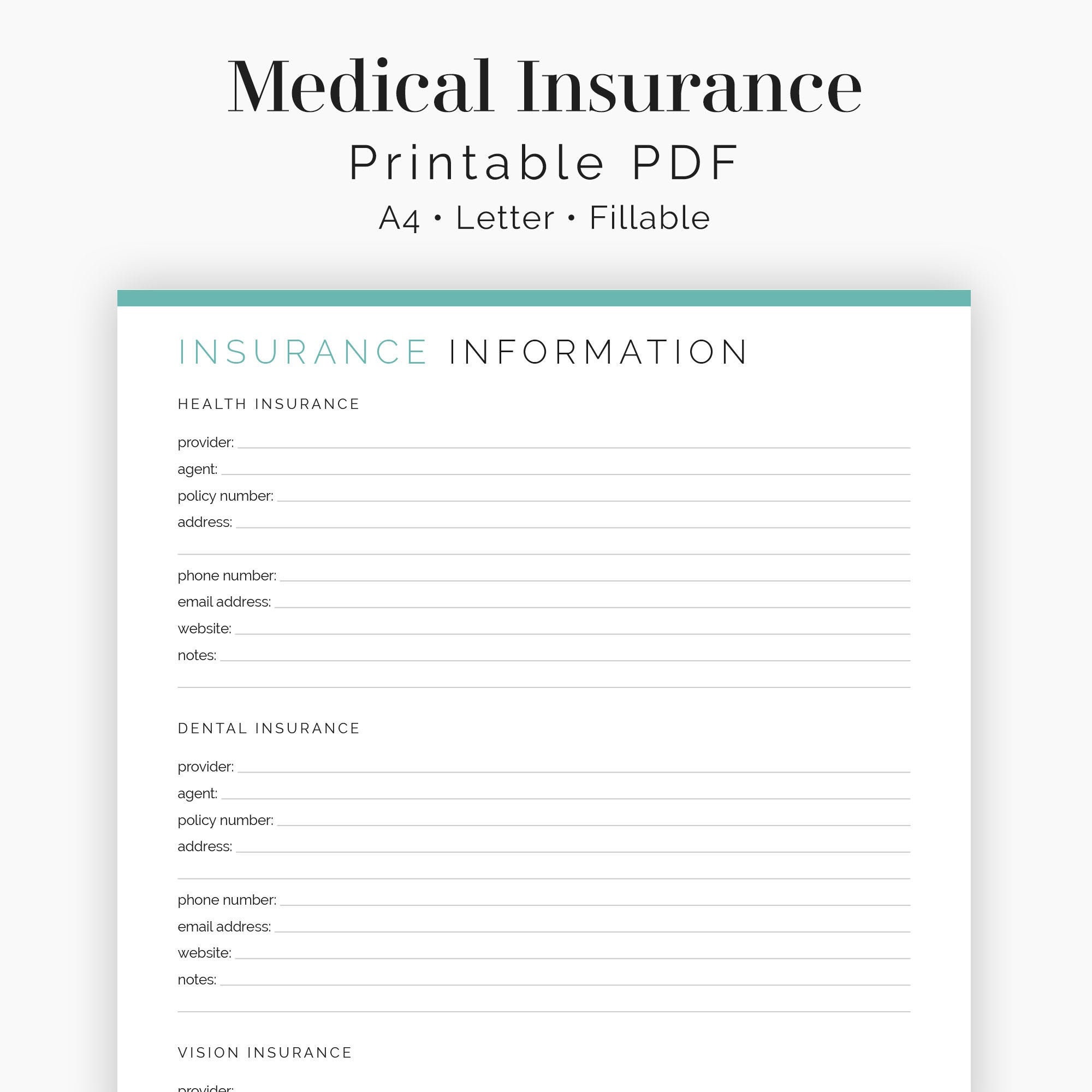 Medical Insurance Information - Fillable - Health & Medical Log ...