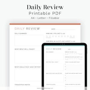Daily Review Journal Page - Fillable - Printable PDF - Positivity & Gratitude Diary -  Self-Improvement, Mental Health - Instant Download