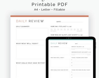 Daily Review Journal Page - Fillable - Printable PDF - Positivity & Gratitude Diary -  Self-Improvement, Mental Health - Instant Download