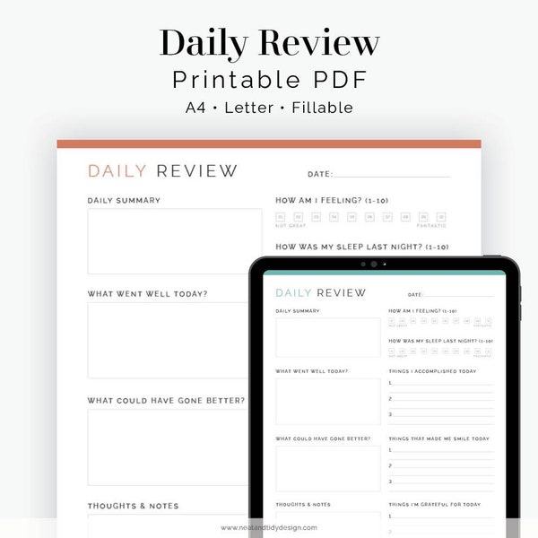 Daily Review Journal Page - Fillable - Printable PDF - Positivity & Gratitude Diary -  Self-Improvement, Mental Health - Instant Download
