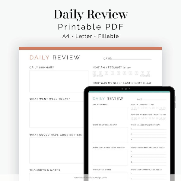 Page de journal d'examens quotidiens - à remplir - PDF imprimable - journal de positivité et de gratitude - développement personnel, santé mentale - téléchargement immédiat