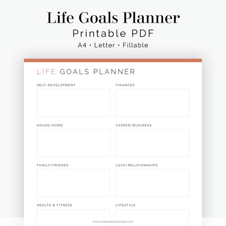 May include: A printable life goals planner with categories for self-development, finances, house/home, career/business, family/friends, love/relationships, health & fitness, and lifestyle. The planner is designed in a minimalist style with a peach colored header.