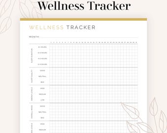 May include: Printable wellness tracker on US Letter paper. The design features a grid for tracking sleep duration, sleep quality, energy levels, mood, stress levels, and nutrition. The title "Wellness Tracker" is at the top.
