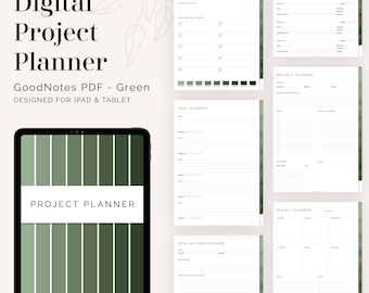 May include: A digital project planner for iPad and tablet in a green color scheme. The planner includes sections for goals, action plans, projects, and weekly schedules.