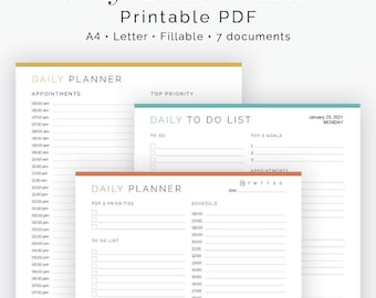 Daily Planner Bundled Kit (7 documents) - Fillable - Printable PDF - Task Management, Productivity Planner - Instant Download
