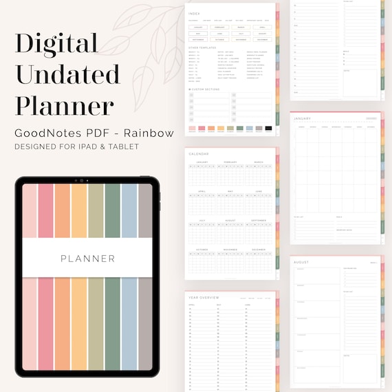 Digital Undated Planner (Rainbow) for GoodNotes | Hyperlinked, Portrait Tabbed Planner - Weekly, Daily, Monthly pages | Instant Download