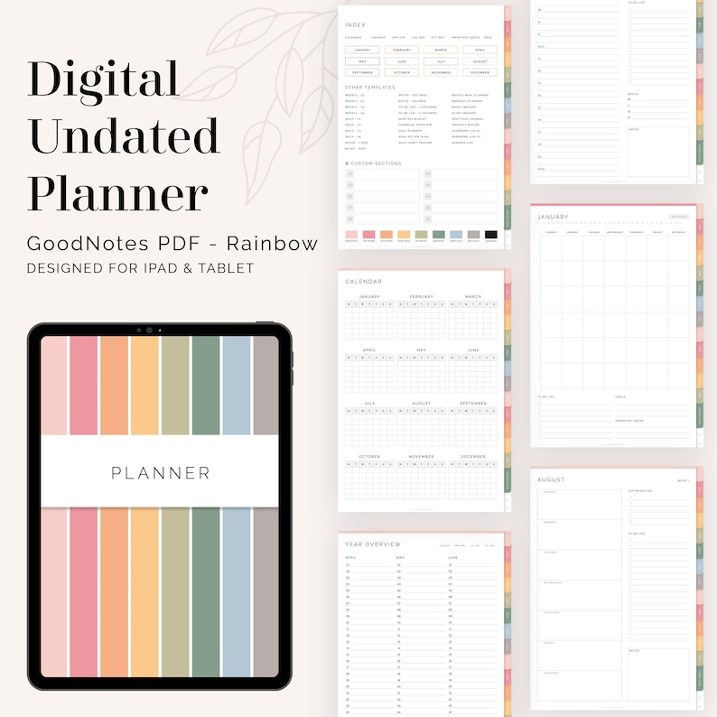 Digital Undated Planner (Rainbow) for GoodNotes | Hyperlinked, Portrait Tabbed Planner - Weekly, Daily, Monthly pages | Instant Download image 1