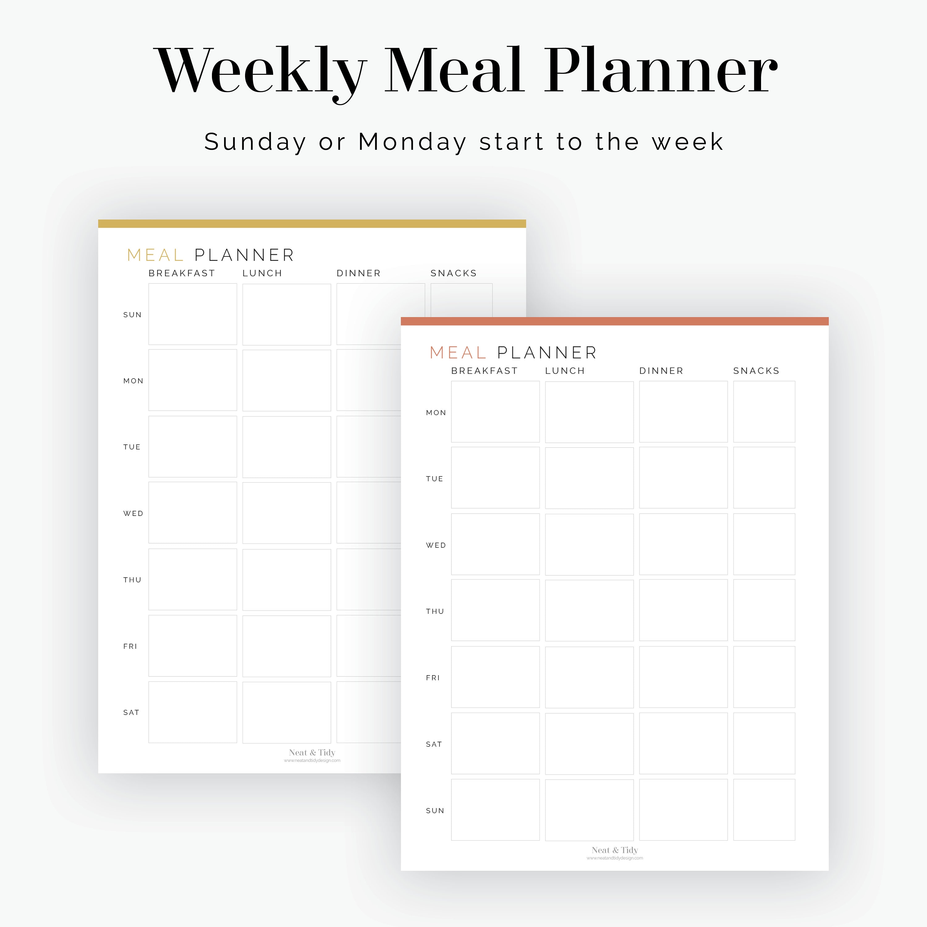Weekly Meal Planner Sunday or Monday start Fillable | Etsy