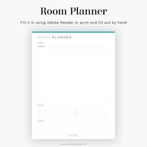 May include: A printable room planner with sections for room name, dimensions, to-do list, and notes. The planner has a light blue and white color scheme.