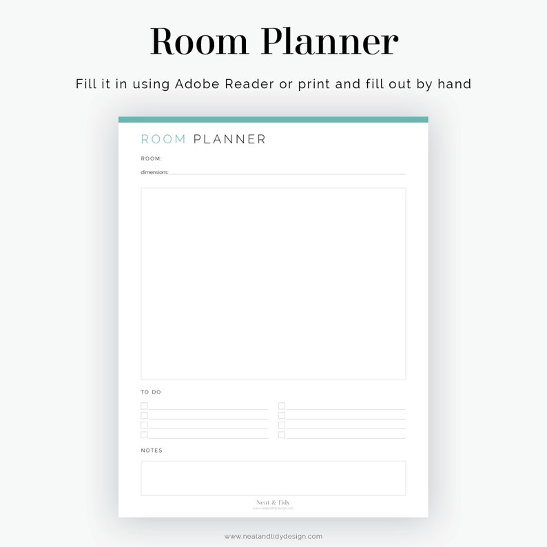 May include: A printable room planner with sections for room name, dimensions, to-do list, and notes. The planner has a light blue and white color scheme.