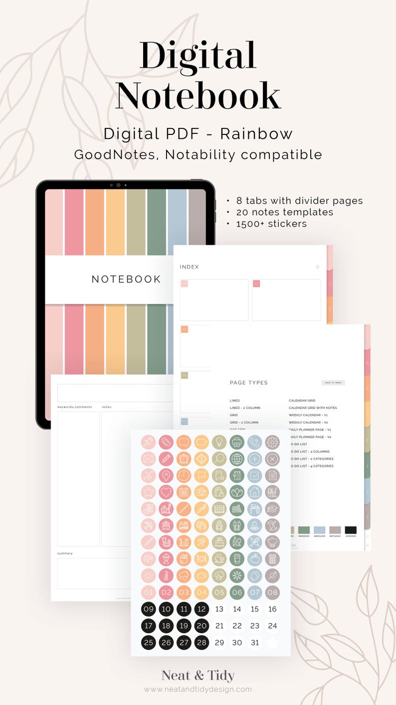 Puede incluir: Un cuaderno digital con un esquema de color arco&iacute;ris. El cuaderno incluye 8 pesta&ntilde;as con p&aacute;ginas divisorias, 20 plantillas de notas y m&aacute;s de 1500 pegatinas. El cuaderno es compatible con las aplicaciones GoodNotes y Notability. El texto "INDEX" y "NOTEBOOK" es visible en la portada.