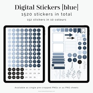 Op de afbeelding: Een digitale stickerblad met in totaal 1520 blauwe stickers. Het blad bevat een verscheidenheid aan pictogrammen, vormen en bloemmotieven. De tekst "Digital Stickers [blue]" en "1520 stickers in total" wordt bovenaan het blad weergegeven.