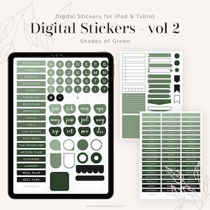 May include: Digital stickers for iPad and tablet in shades of green. The stickers include alphabet letters, numbers, months of the year, and various shapes and designs. The stickers are perfect for planning, journaling, and organizing.
