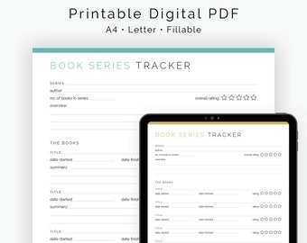 Könnte beinhalten: Ein druckbarer Buchreihen-Tracker im PDF-Format. Der Tracker enthält Abschnitte für Seriendetails, Autor, Anzahl der Bücher, Übersicht und eine Liste von Büchern mit Platz für Titel, Startdatum, Enddatum und Zusammenfassung. Der Tracker ist für Papier im Format A4 oder Letter konzipiert und ist ausfüllbar.
