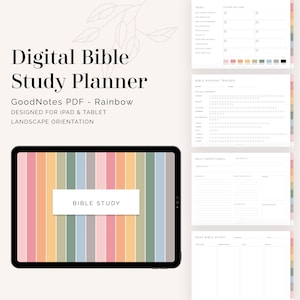 May include: Digital Bible Study Planner for iPad and tablet. The planner features a rainbow striped background with the words "Bible Study" on a white rectangle. Additional pages include an index, Bible reading tracker, daily devotional, and SOAP Bible study.