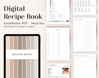 Digital Recipe Book for GoodNotes (Portrait) - Hyperlinked Tabs - Neutral iPad Recipe Journal, Digital Cookbook - Instant Download