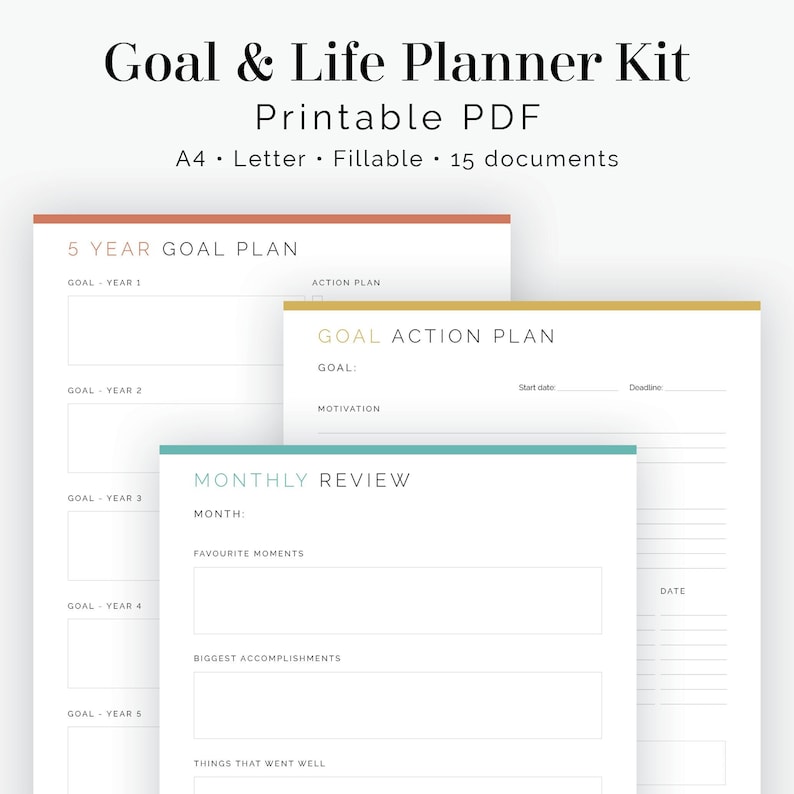 Goal & Life Planner Kit (15 documents) - Fillable - Printable PDF - New Years Resolutions, Life Planner - Goal Planner - Instant Download image 1