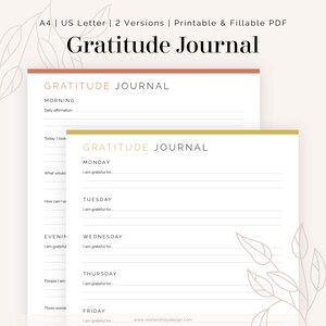 Puede incluir: Diario de gratitud imprimible con dos versiones, una con un encabezado rosa y la otra con un encabezado dorado. El diario incluye indicaciones para afirmaciones diarias, por lo que estás agradecido y tres palabras para describir tu día.