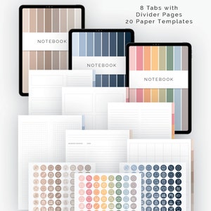 Op de afbeelding: Digitale notitieboekbundel voor de GoodNotes-app met 3 verschillende kleurenschema's: beige, blauw en roze. Bevat 8 tabbladen met scheidingspagina's en 20 papier sjablonen. Bevat ook 3 vellen stickers met verschillende pictogrammen.