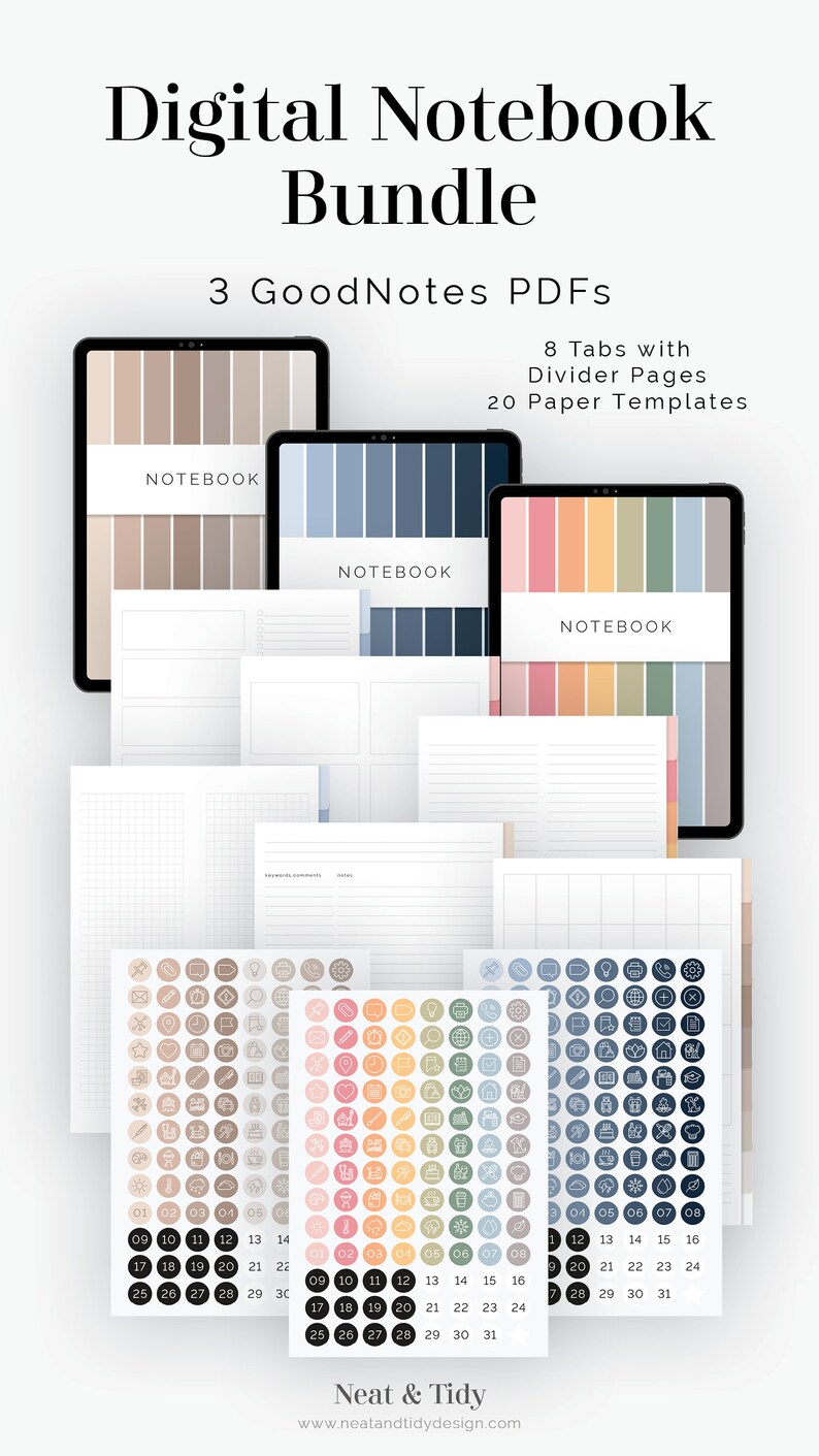Op de afbeelding: Digitale notitieboekbundel voor de GoodNotes-app met 3 verschillende kleurenschema's: beige, blauw en roze. Bevat 8 tabbladen met scheidingspagina's en 20 papier sjablonen. Bevat ook 3 vellen stickers met verschillende pictogrammen.