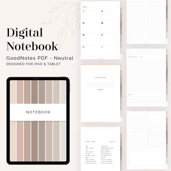 Digital Notebook for GoodNotes (Portrait) - Hyperlinked Tabs (8 tabs) - Digital Muted, Neutrals Flexible Notebook - Instant Download