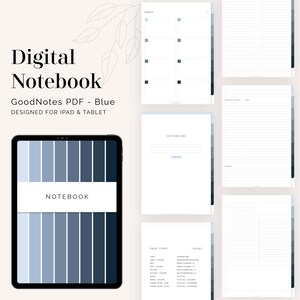 Blå digital anteckningsbok med flikar för GoodNotes (stående) | Hyperlänkade flikar (8 flikar) | Blå digital flexibel journal | Direktnedladdning bild 1