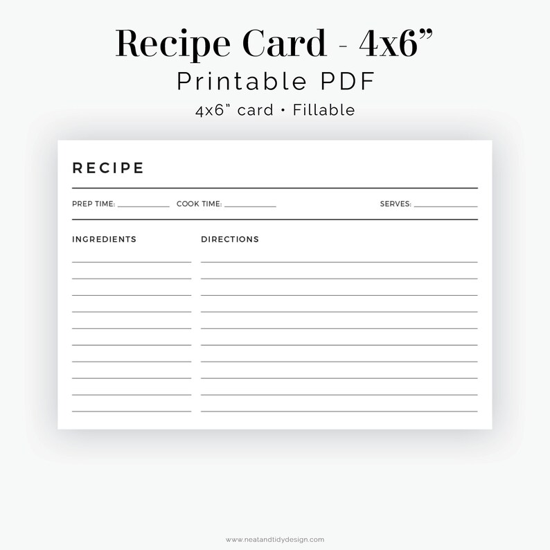 Recipe Card 4x6 Inches - Fillable - Printable Minimalist Recipe Card ...