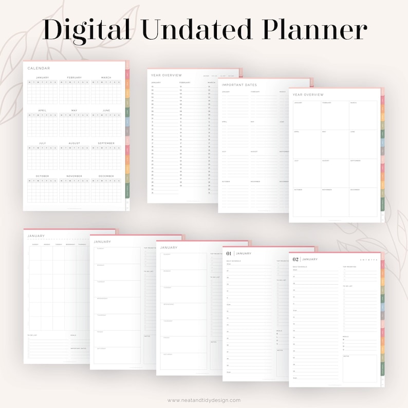 Digital Undated Planner (Rainbow) for GoodNotes | Hyperlinked, Portrait Tabbed Planner - Weekly, Daily, Monthly pages | Instant Download image 3