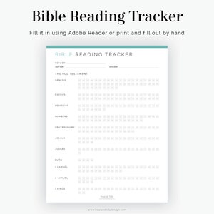 Puede incluir: Un rastreador de lectura de la Biblia imprimible con un dise&ntilde;o en blanco y negro. El rastreador incluye una secci&oacute;n para el Antiguo Testamento, con espacios para marcar cada cap&iacute;tulo le&iacute;do. El texto en la p&aacute;gina dice "Bible Reading Tracker" y "Neat & Tidy".