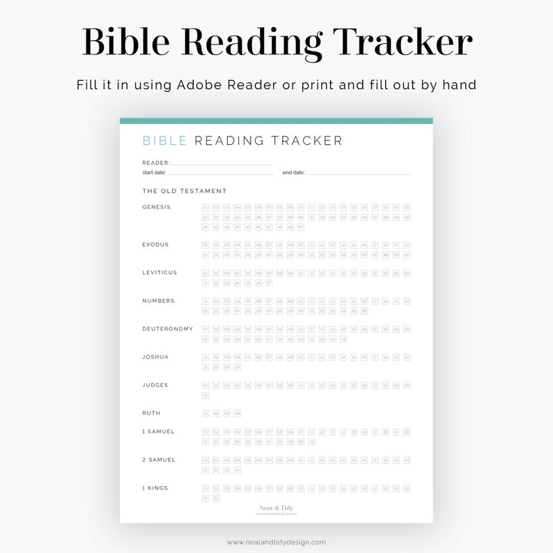 Puede incluir: Un rastreador de lectura de la Biblia imprimible con un dise&ntilde;o en blanco y negro. El rastreador incluye una secci&oacute;n para el Antiguo Testamento, con espacios para marcar cada cap&iacute;tulo le&iacute;do. El texto en la p&aacute;gina dice "Bible Reading Tracker" y "Neat & Tidy".