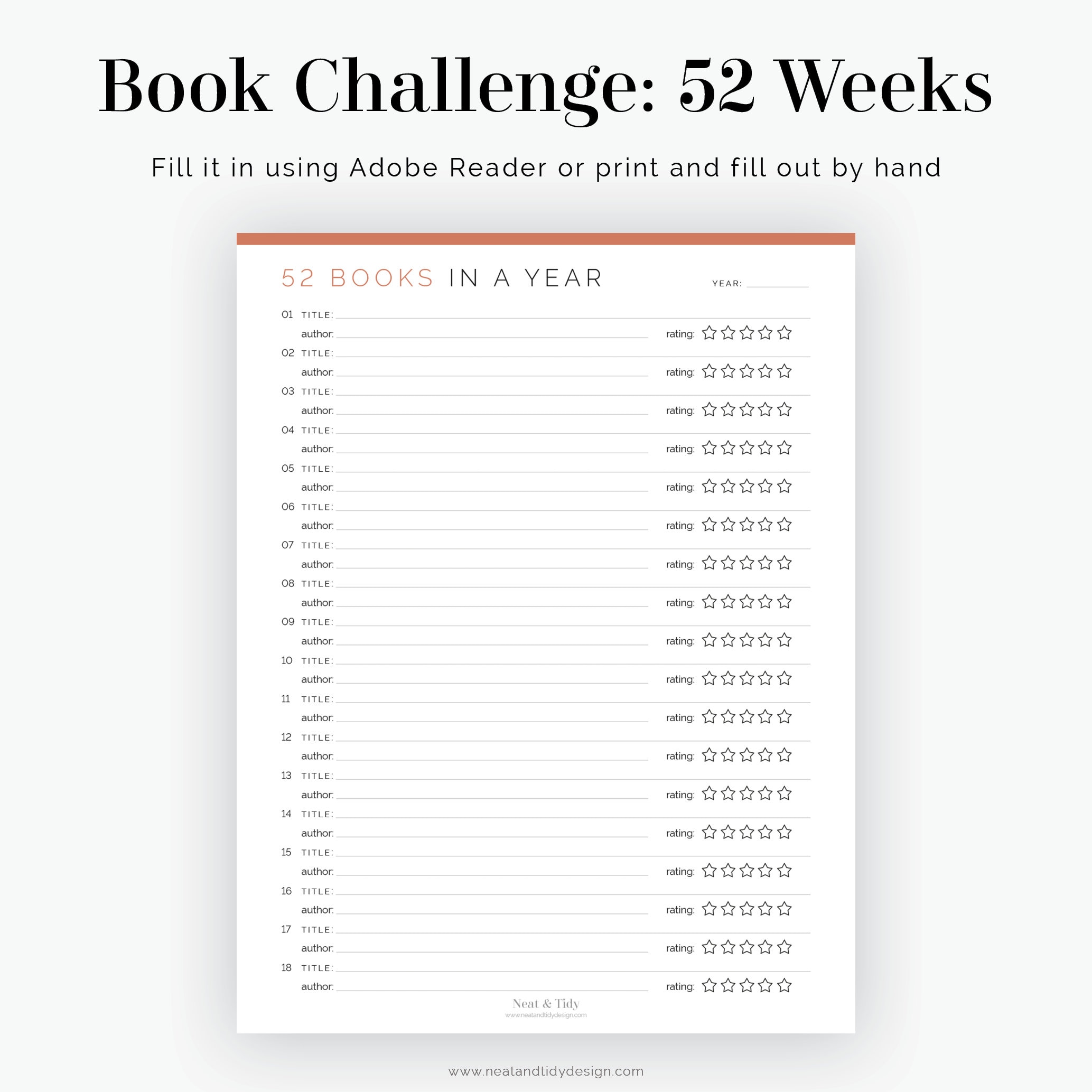 Reading Challenge: 52 Books in a Year - Fillable - Printable