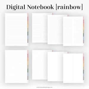 Op de afbeelding: Digitaal notitieboek met zes verschillende paginastijlen: gestreept, blanco, raster, grafiek, stippenraster en blanco. Het notitieboek heeft een tabbladverdeler in regenboogkleuren.