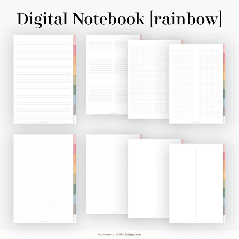 Op de afbeelding: Digitaal notitieboek met zes verschillende paginastijlen: gestreept, blanco, raster, grafiek, stippenraster en blanco. Het notitieboek heeft een tabbladverdeler in regenboogkleuren.